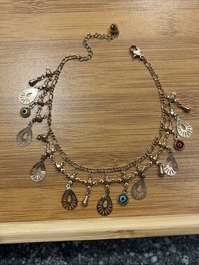 Gold-Tone Teardrop Charm Anklet with Evil Eye Accents